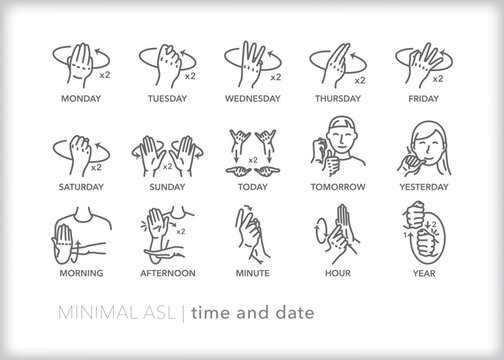 Set of 15 American Sign Language (ASL) icons showing how to sign words or phrases relating to length of time and the days of the week