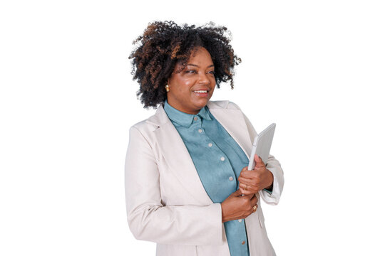 African american businesswoman holding digital tablet, smiling confidently, working, successful professional leader, transparent background