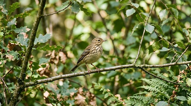 Small Forest Songbird Tree Pipit Standing Quietly on Thin Wooden Tree Branch Surrounded by Natural Leafy Foliage in Woodland Habitat tree pipit bird forest branch songbird wildlife nature perching