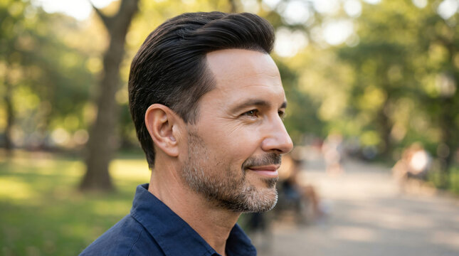 Professional stock photo of a confident man with a thick dense natural new hairline after six months. Close-up profile view of successful hair transplant surgery result with blurry park background.