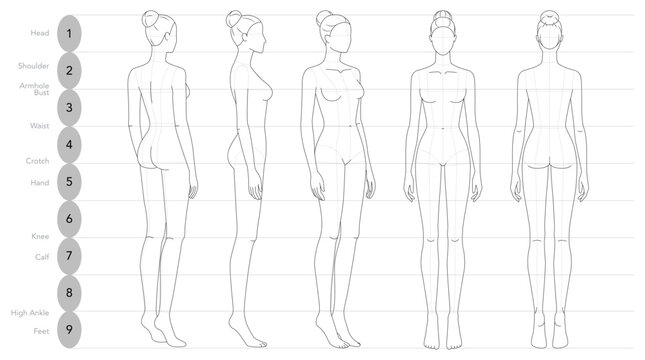 Set of five female fashion body figures in side, front, back plus three-quarter views with dotted guides, nine-head scale. Suited for technical apparel layout, measurement study or design reference