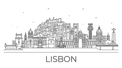 Obraz premium Lisbon city skyline linear drawing featuring Portuguese architecture.