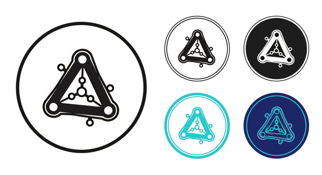 Geometric triangle emblem with circular nodes in multiple color variants, abstract vector symbol.