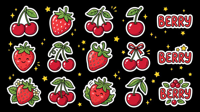Cute strawberry and cherry sticker set in cartoon style with berry typography