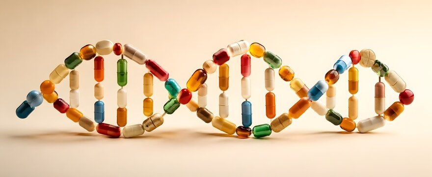 3D render of a DNA double helix structure made entirely of colorful medical pills and capsules representing pharmacogenetics personalized medicine and genetic healthcare research