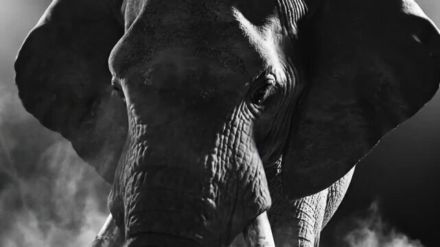 Dramatic black and white close-up of a majestic African elephant, breathing and displaying power