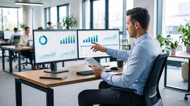 Professionnel analysant des tableaux de bord et graphiques sur deux &eacute;crans