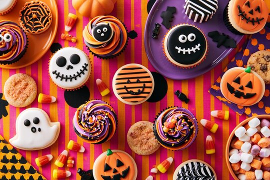 Overhead view of a festive assortment of Halloween treats and sweets on a colorful striped background