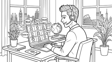 Man on video call with diverse people, global landmarks visible through window, learning languages online © Laila
