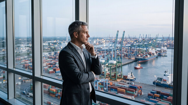 Homme d&rsquo;affaires observant un port industriel rempli de conteneurs