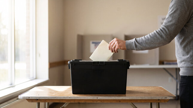 &Eacute;lecteur d&eacute;posant un bulletin dans une urne noire dans un bureau de vote