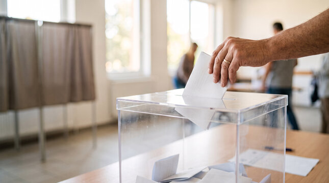 &Eacute;lecteur d&eacute;posant son bulletin dans une urne transparente