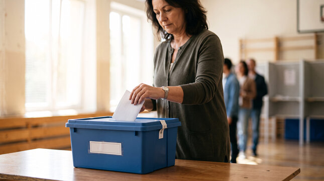 Femme d&eacute;posant son bulletin dans une urne lors d&rsquo;une &eacute;lection