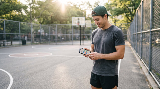 Sportif consultant une application de suivi sur son smartphone pr&egrave;s d&rsquo;un terrain de basket