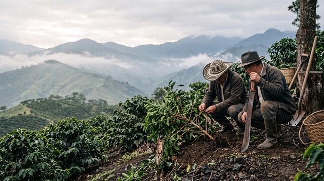Agriculteurs inspectant des caf&eacute;iers dans une plantation de montagne
