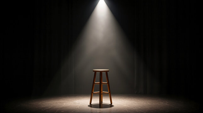 Empty Wooden Stool Under Bright Spotlight on Dark Stage with Theater Curtains for Stand Up Comedy or Solo Performance