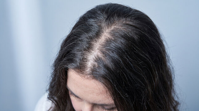 Woman showing thinning hair and visible scalp