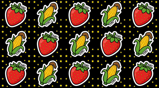Seamless pattern of strawberry and corn stickers on star background