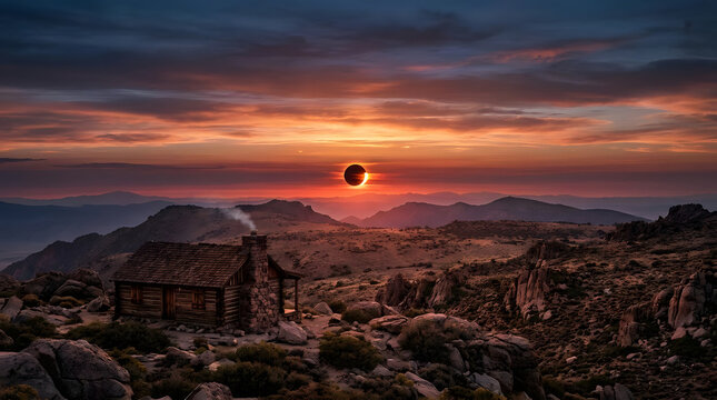 Log cabin in rocky mountains under solar eclipse.