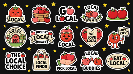 Naklejka premium Cute red fruit and vegetable sticker set for local farm produce