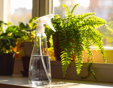 Clear spray bottle filled with water sits on a sunlit windowsill next to a lush green fern, creating a peaceful and inviting indoor gardening scene