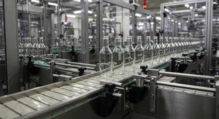 Fototapeta premium Glass bottle production line conveyor inside modern automated factory plant