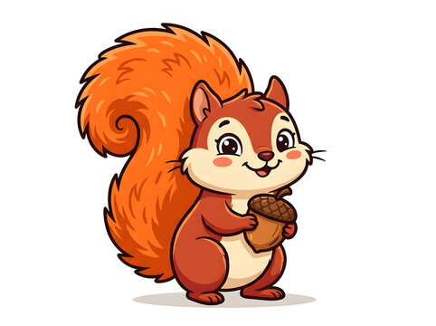 Cute cartoon squirrel holding acorn vector illustration, autumn wildlife character