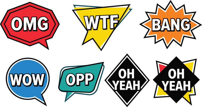 Pop Art Comic Book Speech Bubble Vector Set with Slang Expressions OMG WTF BANG WOW OPP and OH YEAH for Graphic Design