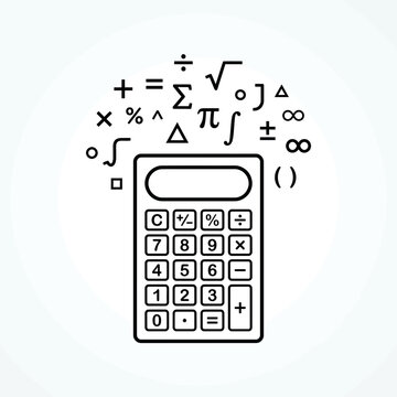 Minimalist line art calculator surrounded by various mathematical symbols perfect for math education, basic arithmetic, and advanced science studies.