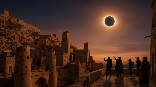 Ancient mud village under glowing solar eclipse.