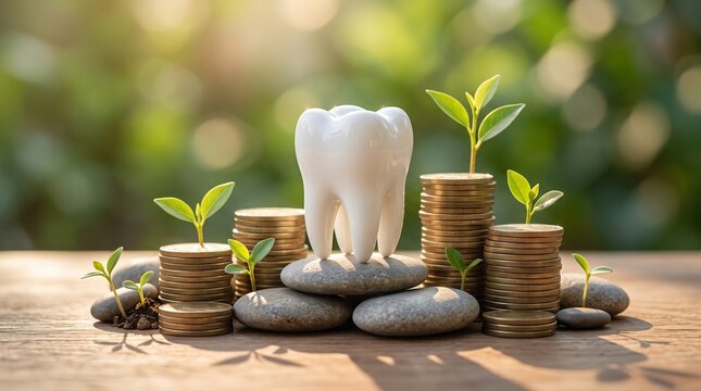 White tooth model centered on stone surrounded by financial growth coins