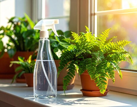 Clear spray bottle filled with water sits on a sunlit windowsill next to a lush green fern, creating a peaceful and inviting indoor gardening scene