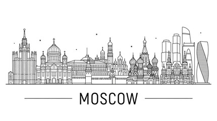 Fototapeta premium Moscow city skyline line art with St. Basil's Cathedral.