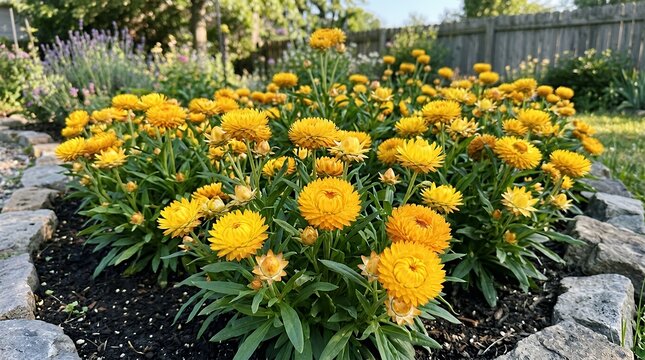 Bright Golden Strawflower Blossoms Flourishing in Outdoor Garden Bed Charming Everlasting Floral Display with Textured Layered Petals background strawflower yellow flowers bloom blooming garden