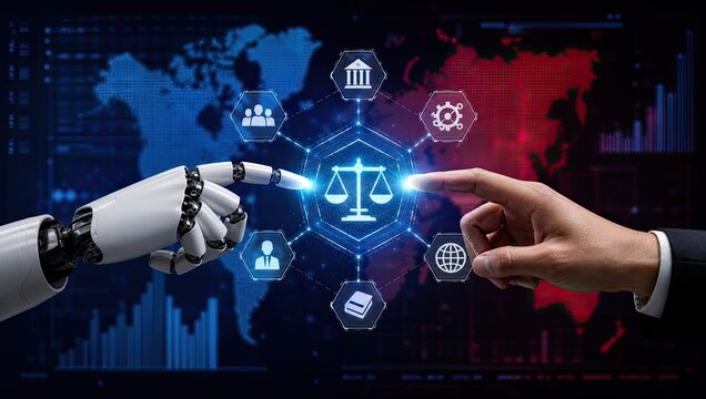 Robot and human hands reaching out to touch glowing justice scale hologram over digital global network representation illustrating modern automated legal tech.
