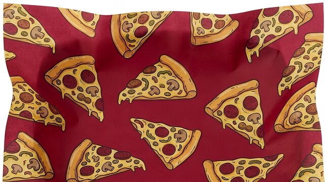 Illustrated Fast Food Crust Slices with Savory Toppings Repeat Graphic Playful Culinary Pattern Over Bold Crimson Surface for Restaurant Packaging background pizza pattern seamless hand drawn slice