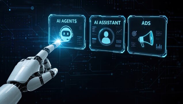 Robotic hand selecting ai agents button on glowing digital touchscreen containing interactive assistant and modern advertising marketing display options.