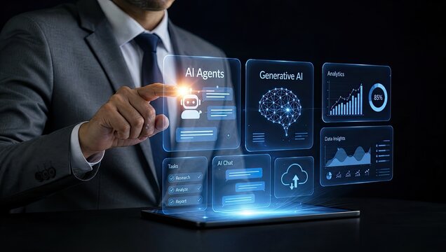 Businessman interacting with futuristic ai agent dashboard on tablet screen representing data analytics generative tools and automated corporate chat systems.