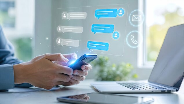 Person using smartphone with floating digital chat bubbles email and phone icons for global business communication and online messaging customer interaction.