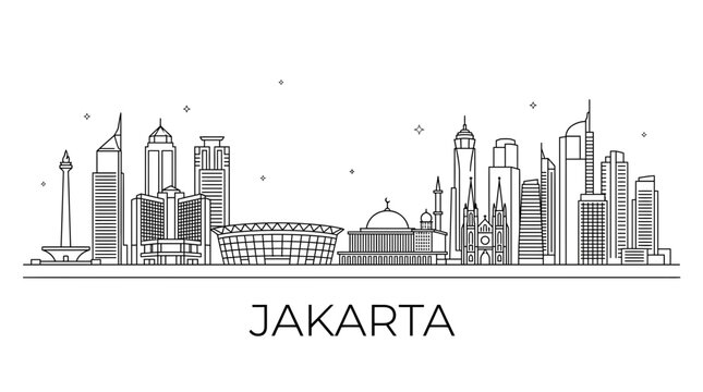 Jakarta Indonesia skyline minimalist line art illustration.