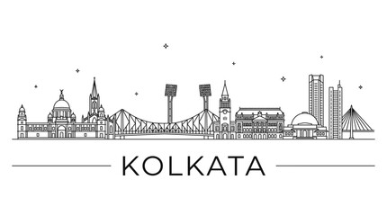 Obraz premium Kolkata India city skyline minimalist line art illustration.