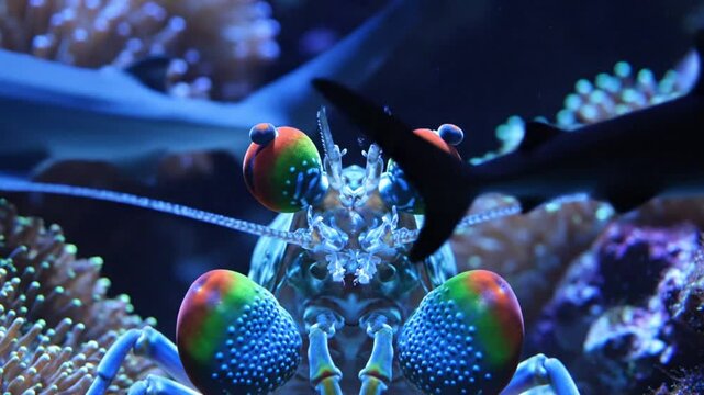 Close-up of a colorful Mantis Shrimp in its natural habitat with fish swimming by.