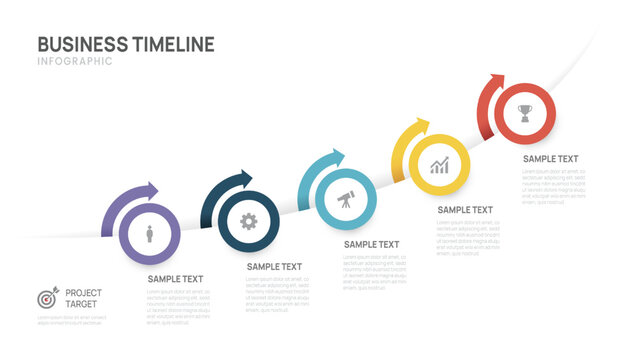 Business Infographic Timeline Template with 5 Step process, label and arrow circle design for business and presentation Vector Illustration.