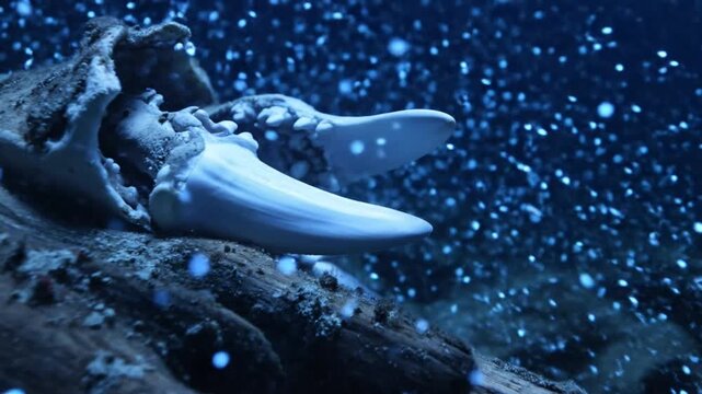 Close-up of a large fossilized tooth in a dark, underwater environment with glowing particles.