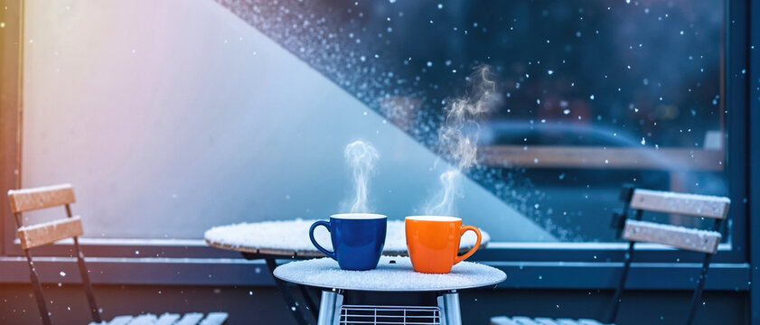 Two steaming mugs on snowy outdoor bistro table in winter. Blue and orange coffee cups on terrace with frosty cafe window and falling snow background