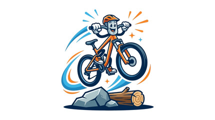 Fototapeta premium Cartoon mountain biker jumping over log with trails.