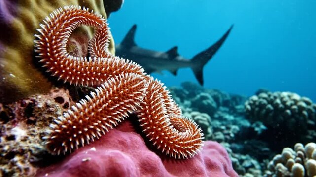 Vibrant Starfish and Shark Encounter in Coral Reef Ecosystem.
