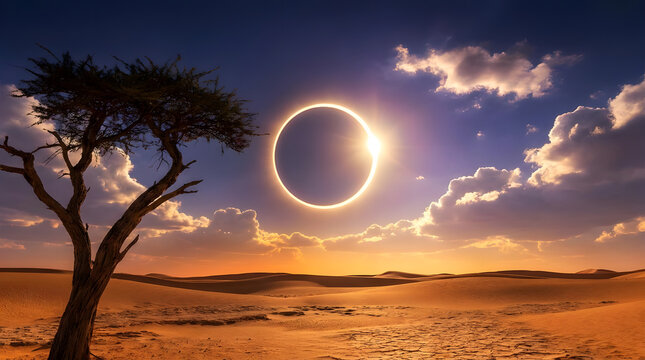 Annular eclipse ring of fire over desert acacia tree.