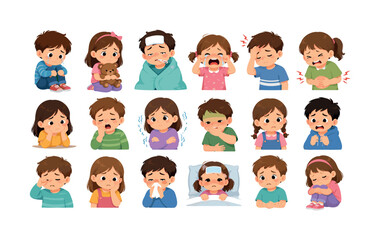 Fototapeta premium Collection of cartoon children expressing various illnesses and discomforts