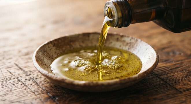 Pouring fresh extra virgin olive oil